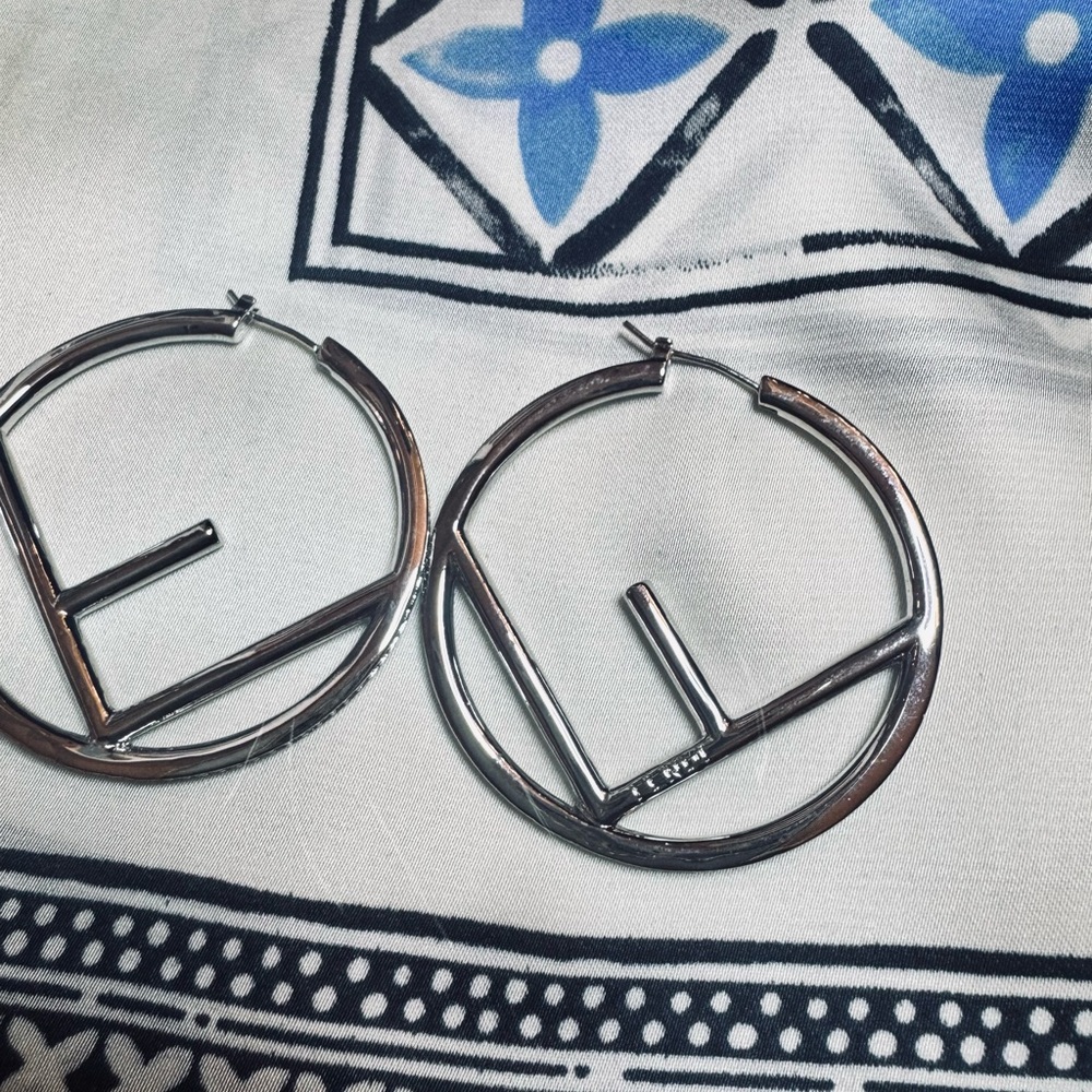 Fendi Silver Hoop Earrings with Geometric 'F' Design